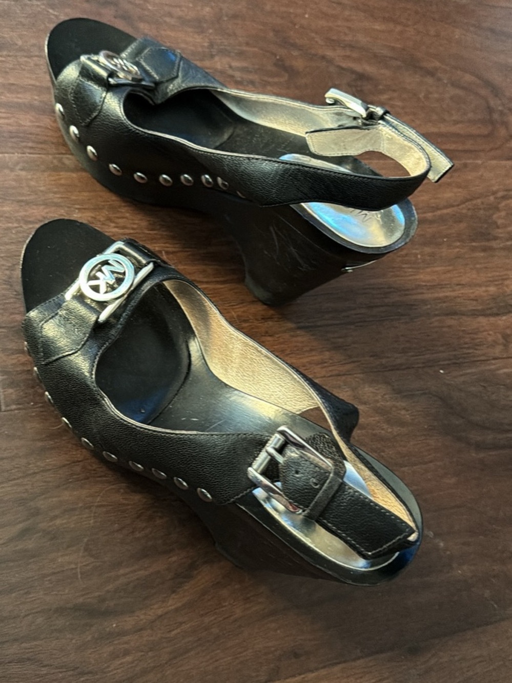 Michael Kors Black Wedge Slingback Sandals with Silver Hardware